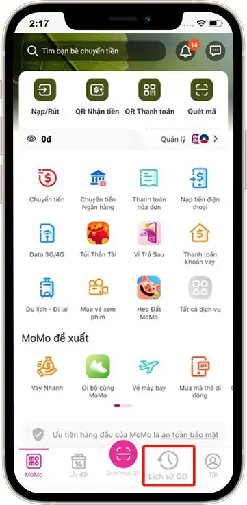 Bước 1 : Vào tài khoản MOMO >> Chọn Lịch sử GD
